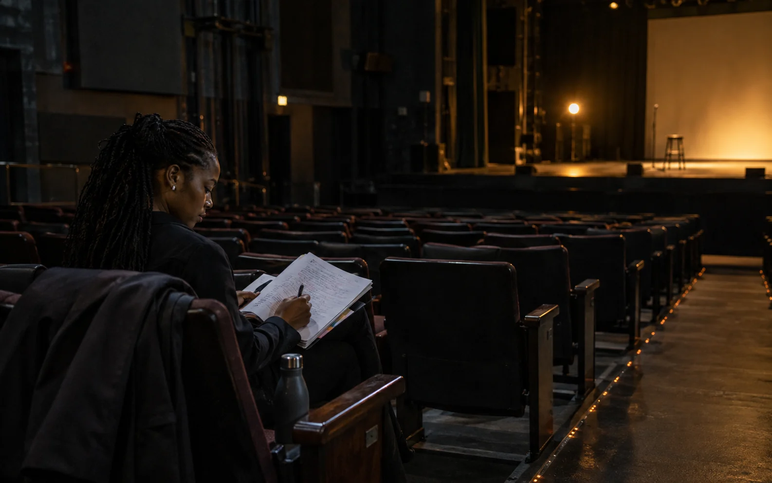 A leader preparing alone in a quiet auditorium